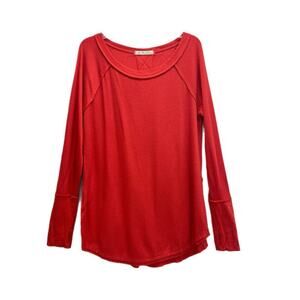 We The Free People Thermal Top Women L Orange Waffle Knit Oversized Long Sleeve